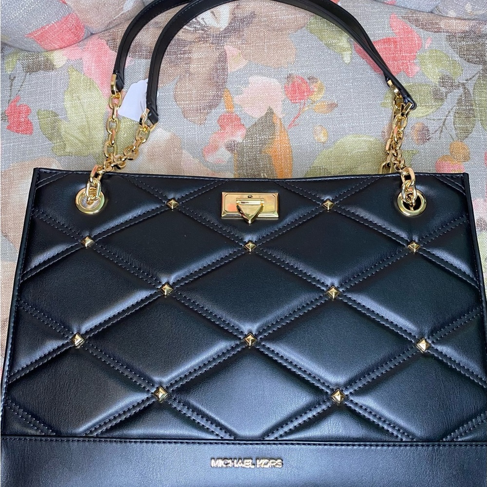 Michael Kors Serena Large Shoulder Bag Black Gold Tone Hardware New! Retail $678